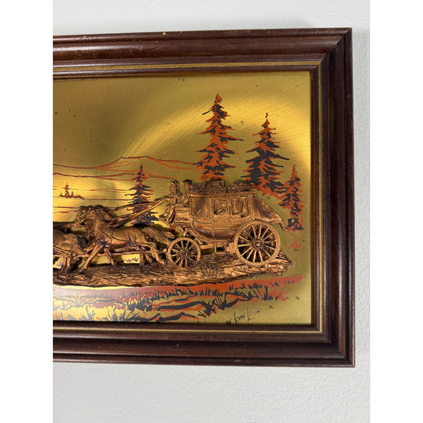 John Louw Stagecoach Embossed Copper Art In Wood Frame Western Americana 1970s