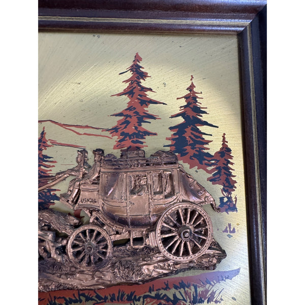 John Louw Stagecoach Embossed Copper Art In Wood Frame Western Americana 1970s