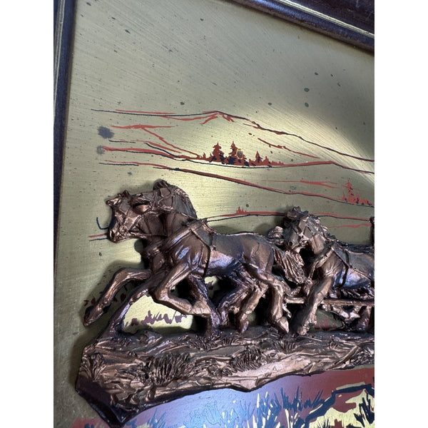John Louw Stagecoach Embossed Copper Art In Wood Frame Western Americana 1970s