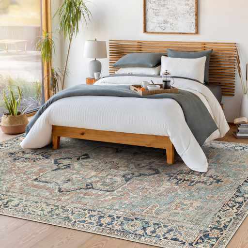 Green Nisa Vintage Washable Area Rug in bedroom