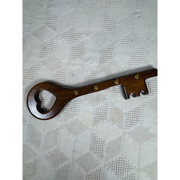 Wooden Key Shaped Wall Hook Key Organizer w Heart Cutout & Brass Hooks For Keys