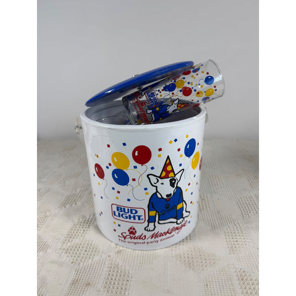Vintage 1987 Bud Light Spuds MacKenzie Ice Bucket w 4 Party Glasses Set Balloons
