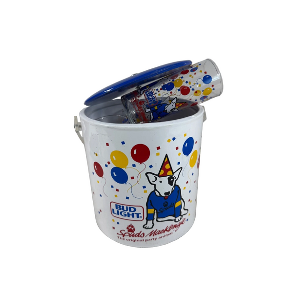 Vintage 1987 Bud Light Spuds MacKenzie Ice Bucket w 4 Party Glasses Set Balloons