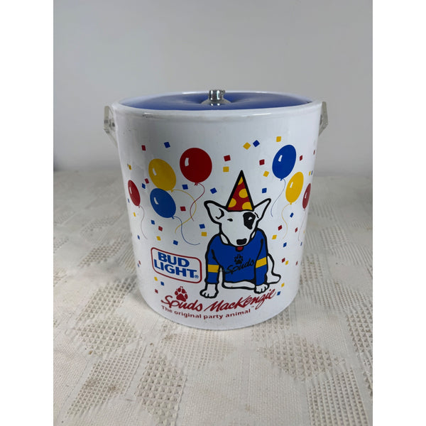 Vintage 1987 Bud Light Spuds MacKenzie Ice Bucket w 4 Party Glasses Set Balloons