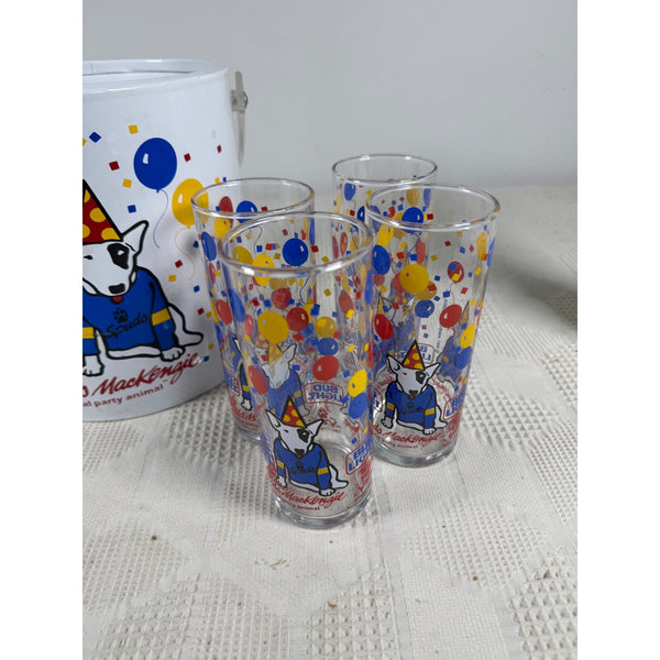 Vintage 1987 Bud Light Spuds MacKenzie Ice Bucket w 4 Party Glasses Set Balloons