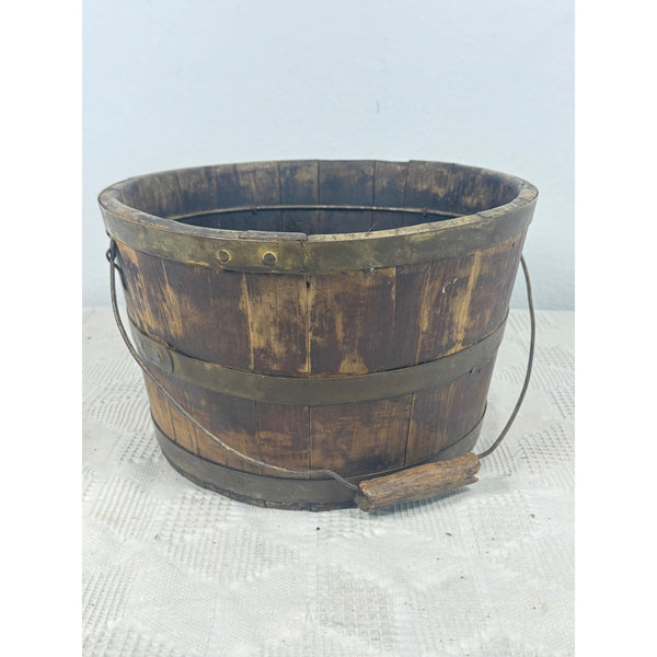 Antique 1800s Wooden Stave Bucket w Brass Bands Rustic Primitive Farmhouse Style