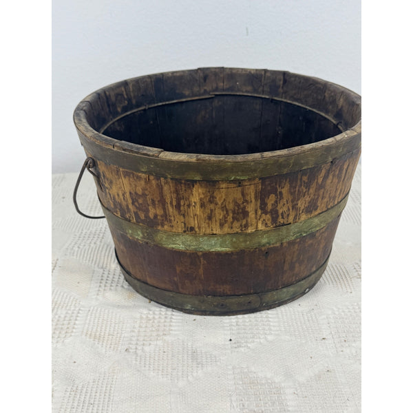 Antique 1800s Wooden Stave Bucket w Brass Bands Rustic Primitive Farmhouse Style