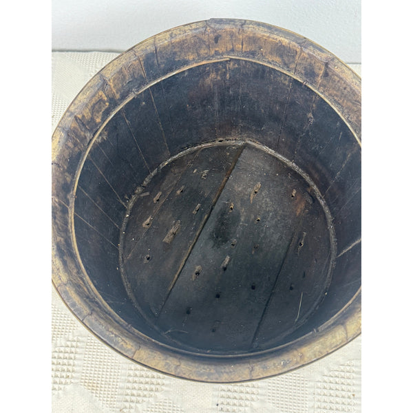 Antique 1800s Wooden Stave Bucket w Brass Bands Rustic Primitive Farmhouse Style