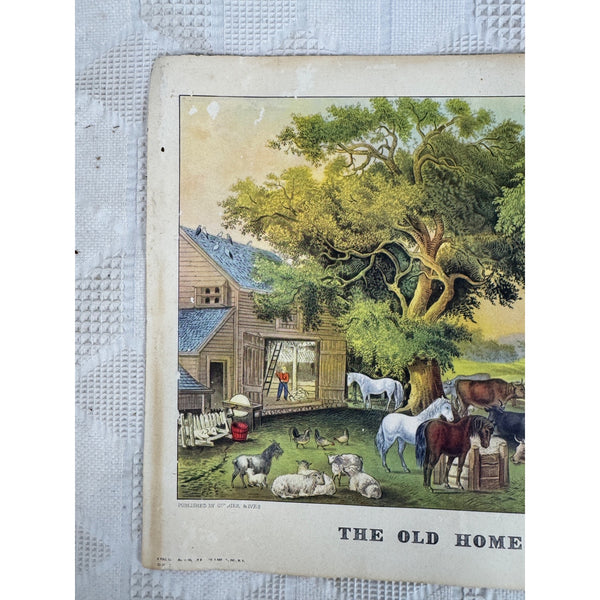 The Old Homestead Lithograph By Currier and Ives Farm Scene Made In USA Vintage