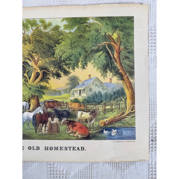 The Old Homestead Lithograph By Currier and Ives Farm Scene Made In USA Vintage