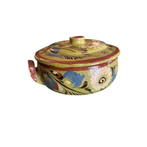 Mexican Pottery Covered Dish Green with Fantasia Style Floral Folk Art Design