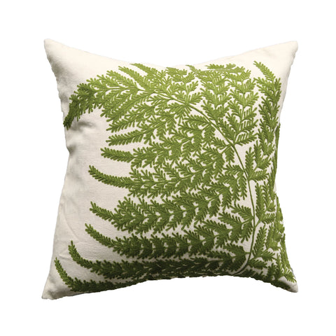 20" Cotton Pillow w/ Fern Fronds Embroidery