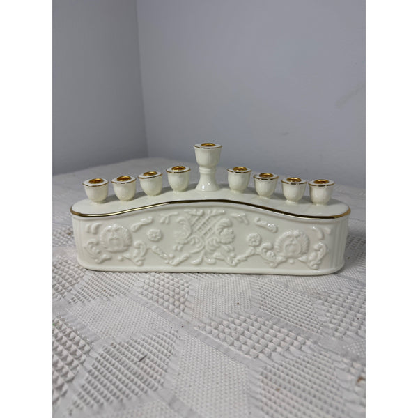 Formalities By Baum Bros Porcelain Hanukkah Menorah White and Gold Floral Design