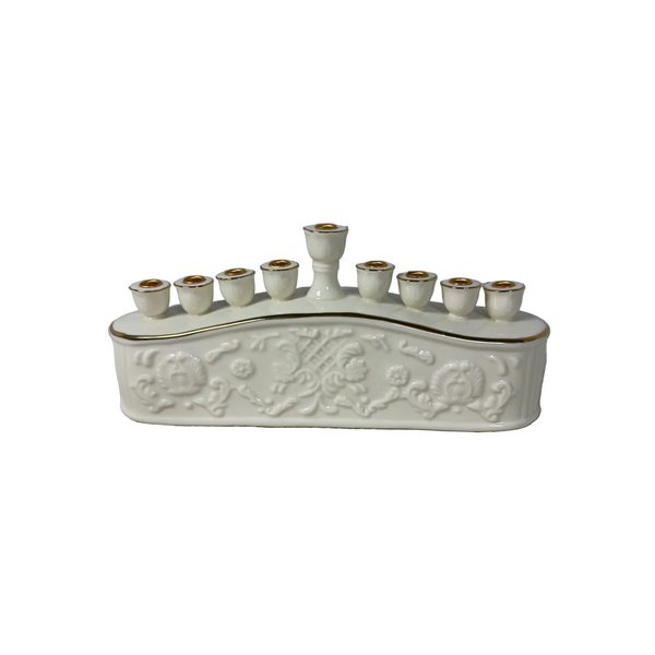 Formalities By Baum Bros Porcelain Hanukkah Menorah White and Gold Floral Design