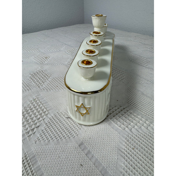 Formalities By Baum Bros Porcelain Hanukkah Menorah White and Gold Floral Design
