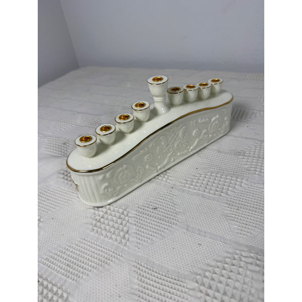 Formalities By Baum Bros Porcelain Hanukkah Menorah White and Gold Floral Design