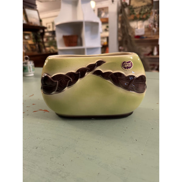 Vintage Royal Copley Chartreuse Brown Ceramic Planter Oval Shape Leaf Design