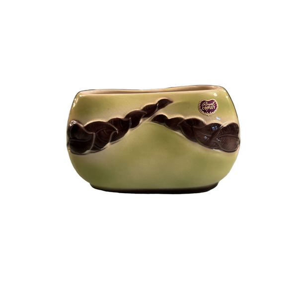 Vintage Royal Copley Chartreuse Brown Ceramic Planter Oval Shape Leaf Design