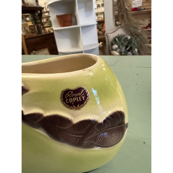 Vintage Royal Copley Chartreuse Brown Ceramic Planter Oval Shape Leaf Design