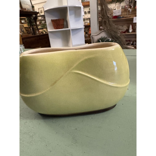 Vintage Royal Copley Chartreuse Brown Ceramic Planter Oval Shape Leaf Design