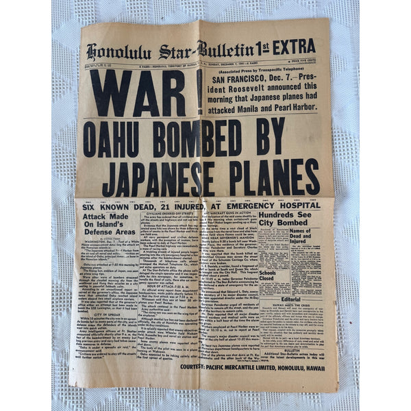 Honolulu Star Bulletin Newspaper Pearl Harbor Attack Headline Replica Souvenir