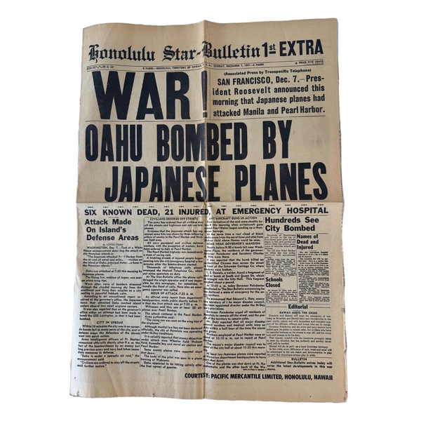 Honolulu Star Bulletin Newspaper Pearl Harbor Attack Headline Replica Souvenir 