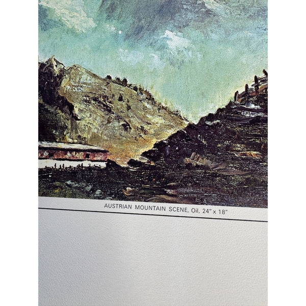 Austrian Mountain Scene Oil Print On Paper Vintage 1968 By Eisenhower College
