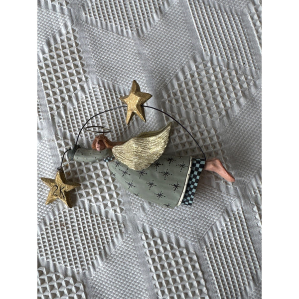 Vintage Williraye Studio Angel Christmas Ornament w Gold Wings 2K Star Y2K