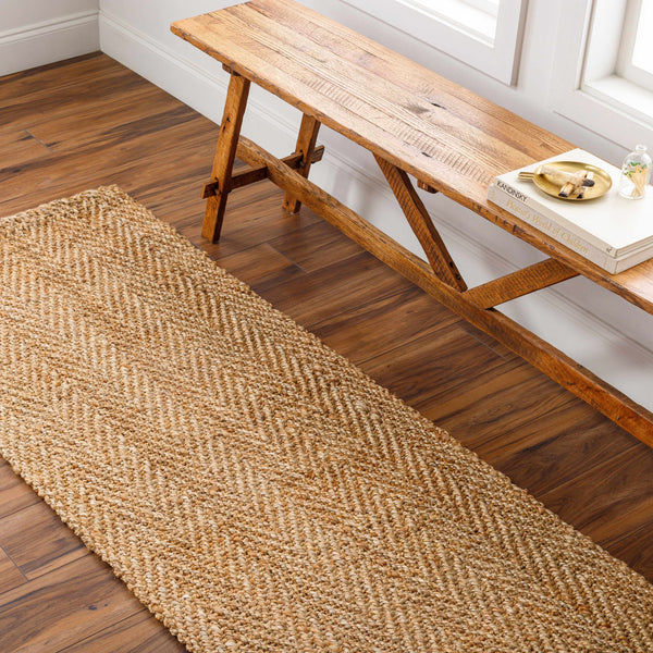 Asaka Jute Area Rug staged with bench