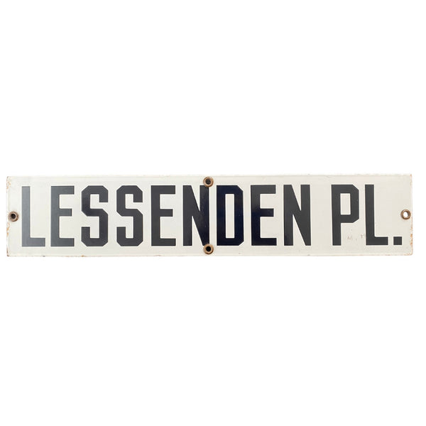 Vintage Enamel Lessenden Pl Street Sign Black and White Rectangular Metal 