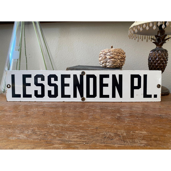 Vintage Enamel Lessenden Pl Street Sign Black and White Rectangular Metal