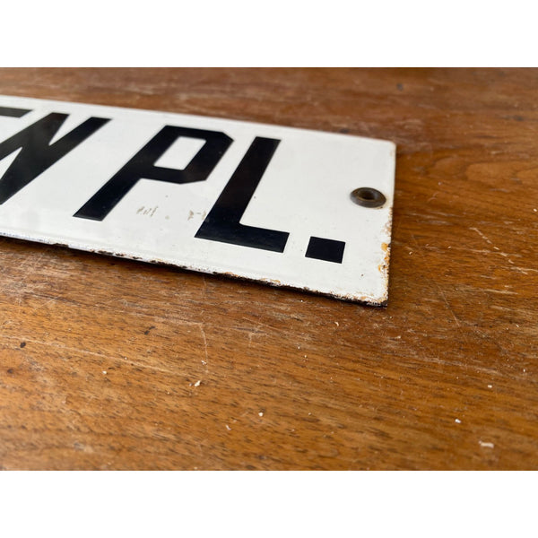 Vintage Enamel Lessenden Pl Street Sign Black and White Rectangular Metal