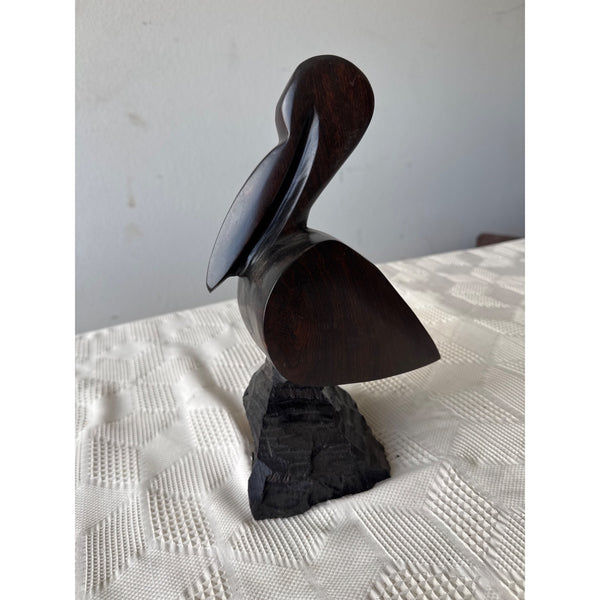 Hand Carved Ironwood Pelican Sculpture With Rustic Base Mid Century Vintage