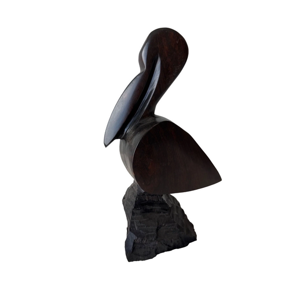 Hand Carved Ironwood Pelican Sculpture With Rustic Base Mid Century Vintage 