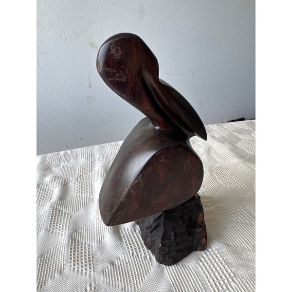 Hand Carved Ironwood Pelican Sculpture With Rustic Base Mid Century Vintage