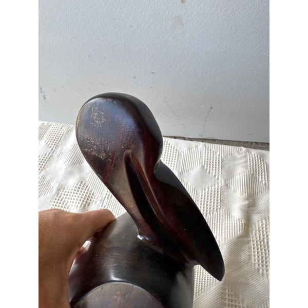 Hand Carved Ironwood Pelican Sculpture With Rustic Base Mid Century Vintage