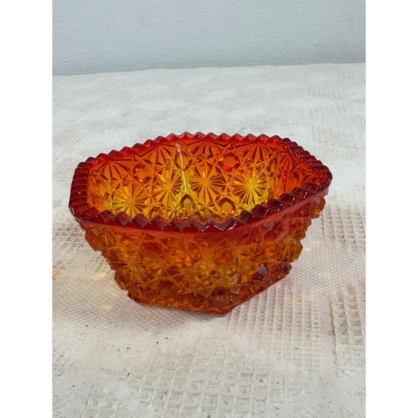 LE Smith Amberina Glass Bowl Daisy Button Pattern Hexagon Shape Vintage 1950s
