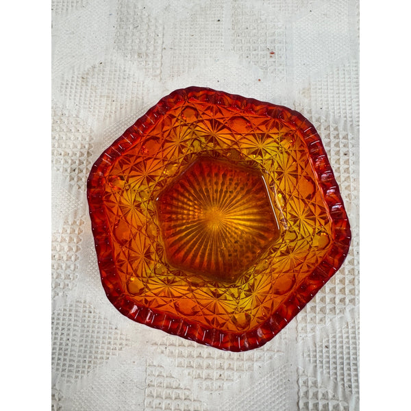 LE Smith Amberina Glass Bowl Daisy Button Pattern Hexagon Shape Vintage 1950s