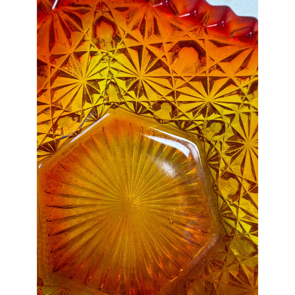 LE Smith Amberina Glass Bowl Daisy Button Pattern Hexagon Shape Vintage 1950s