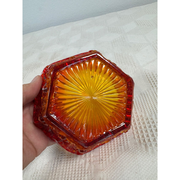 LE Smith Amberina Glass Bowl Daisy Button Pattern Hexagon Shape Vintage 1950s
