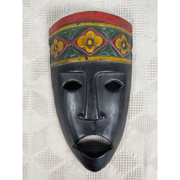 Hand Carved Wooden Mask Temor Indonesia Wall Hanging Black with Floral Accents