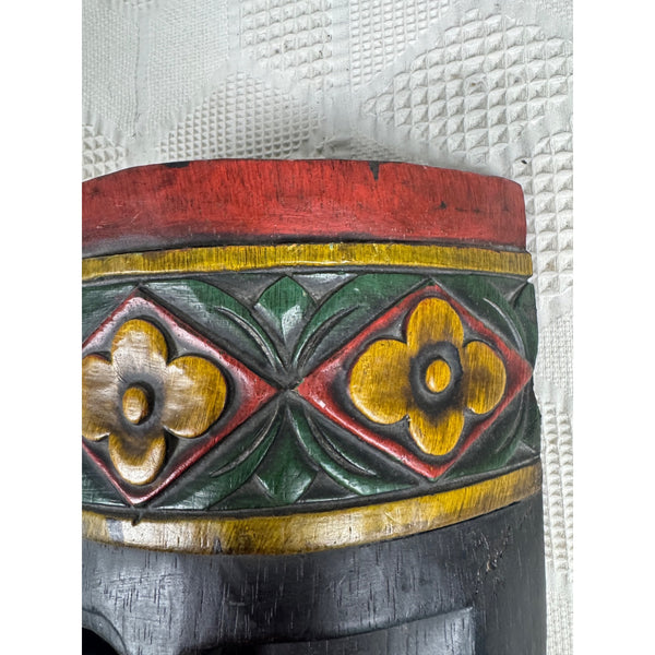 Hand Carved Wooden Mask Temor Indonesia Wall Hanging Black with Floral Accents