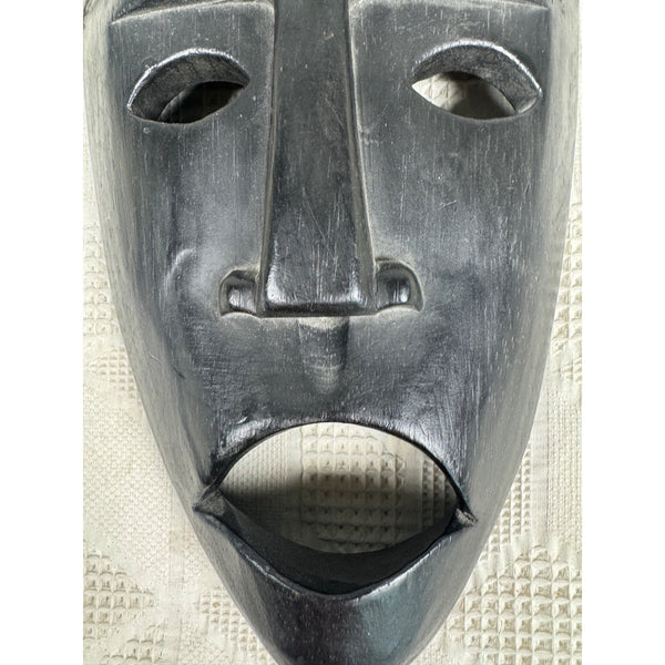 Hand Carved Wooden Mask Temor Indonesia Wall Hanging Black with Floral Accents