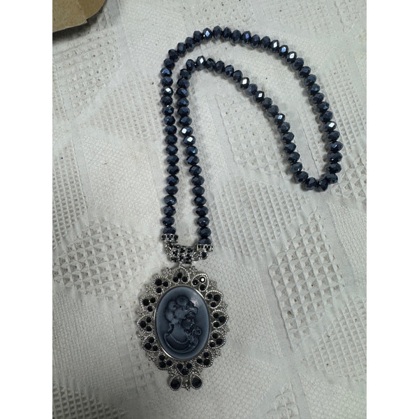 Cameo Necklace Black Beads Convertible Pendant Brooch and Matching Earrings Set