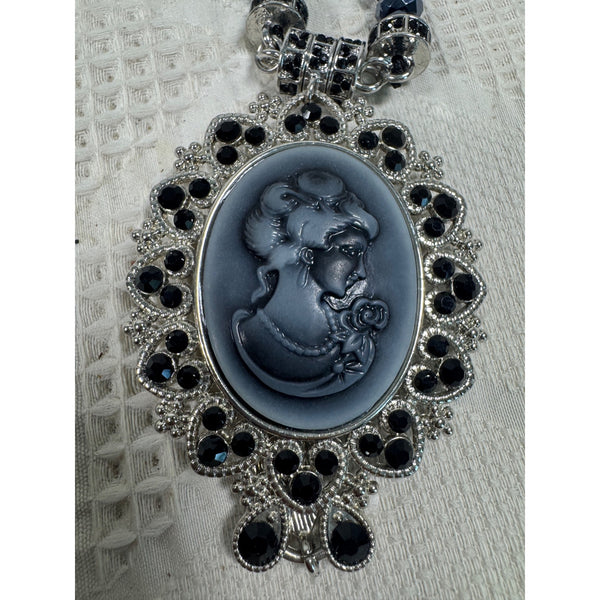 Cameo Necklace Black Beads Convertible Pendant Brooch and Matching Earrings Set
