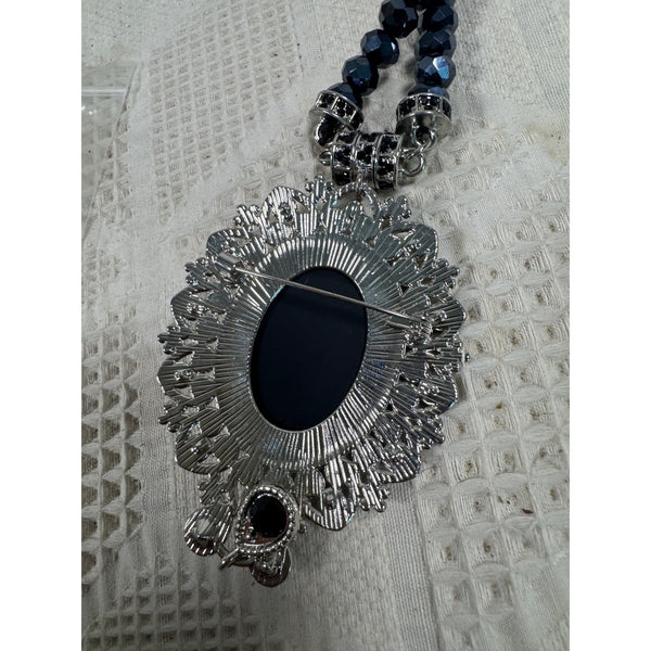 Cameo Necklace Black Beads Convertible Pendant Brooch and Matching Earrings Set