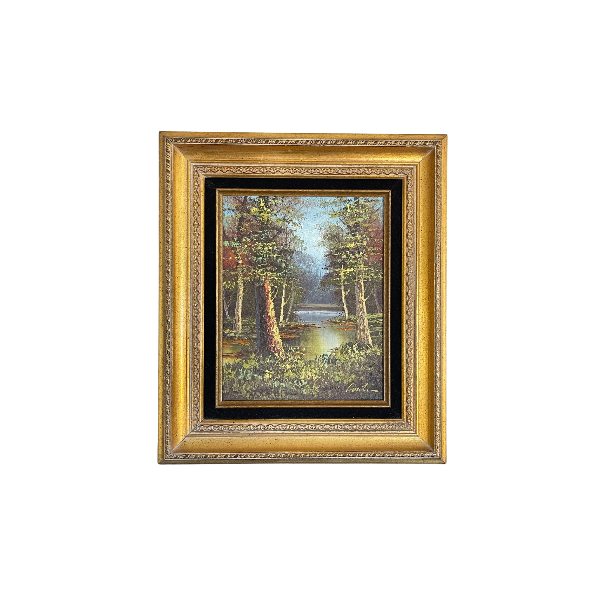 Vintage Oil Painting of Trees on Pond white background