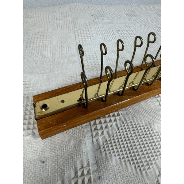 Vintage c1970s Wood and Brass Wall Mount Tie Rack or Belt Jewelry Hanger