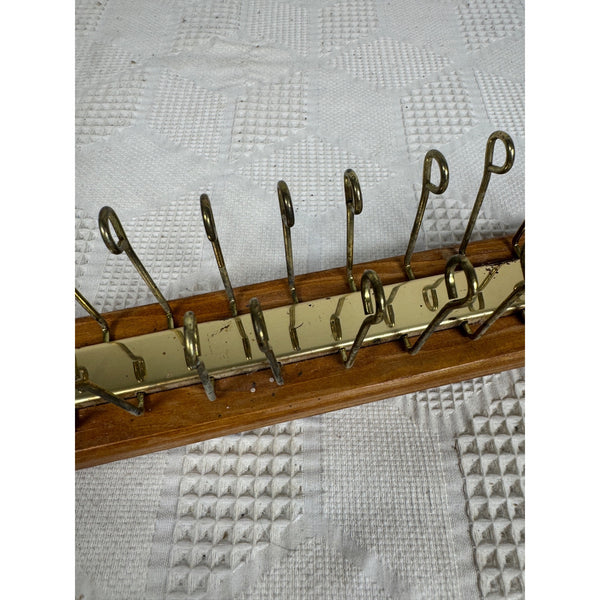 Vintage c1970s Wood and Brass Wall Mount Tie Rack or Belt Jewelry Hanger