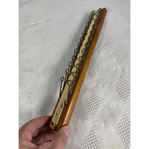 Vintage c1970s Wood and Brass Wall Mount Tie Rack or Belt Jewelry Hanger